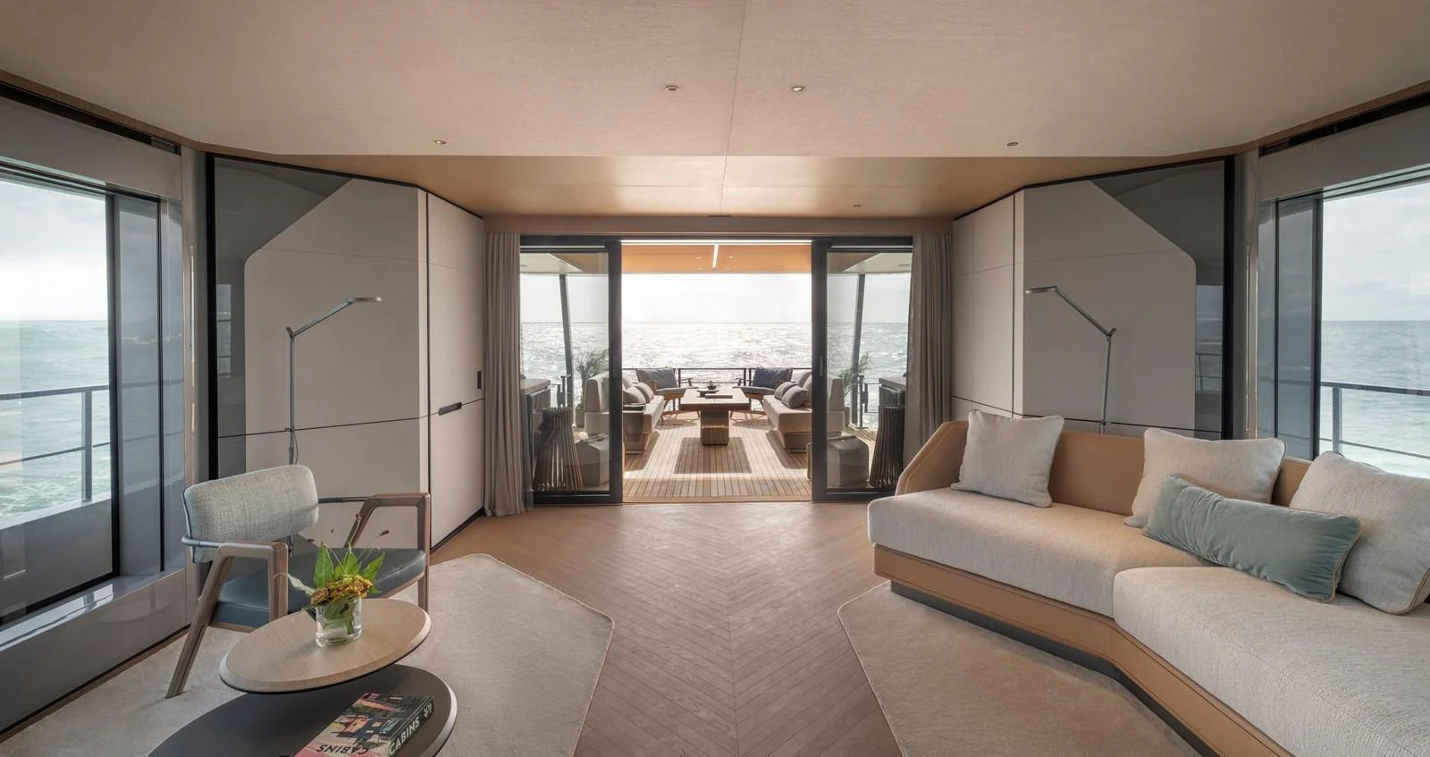 The spacious salon offers a seamless transition to the outdoor deck, with panoramic ocean views and elegant furnishings. aboard AZIMUT GRANDE 30M NEW Yacht for Sale