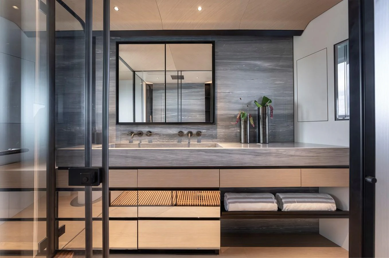 A luxurious yacht bathroom featuring modern fixtures and elegant design. aboard AZIMUT GRANDE 30M NEW Yacht for Sale