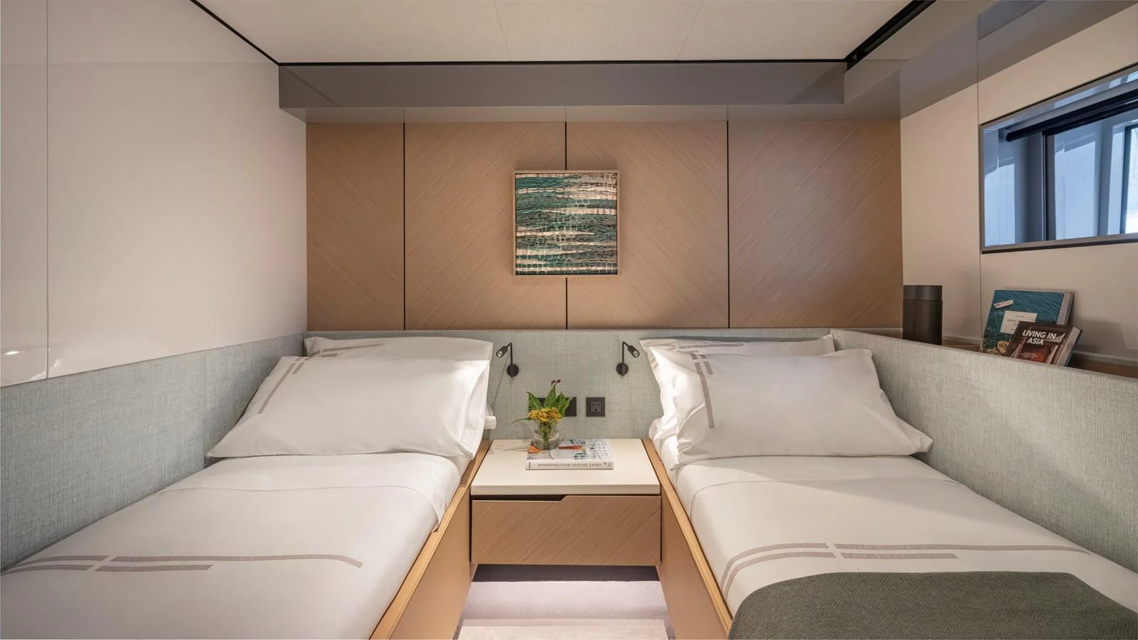 The twin stateroom offers a cozy and modern sleeping area with two single beds and elegant decor. aboard AZIMUT GRANDE 30M NEW Yacht for Sale