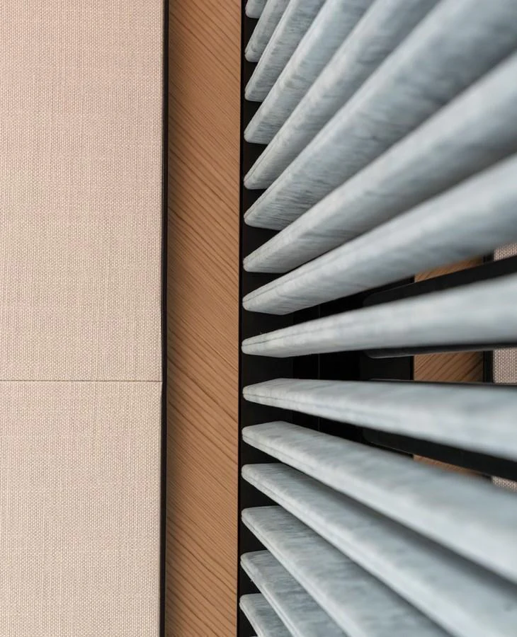 A close-up view of modern architectural elements on the yacht, showcasing sleek lines and textures. aboard AZIMUT GRANDE 30M NEW Yacht for Sale