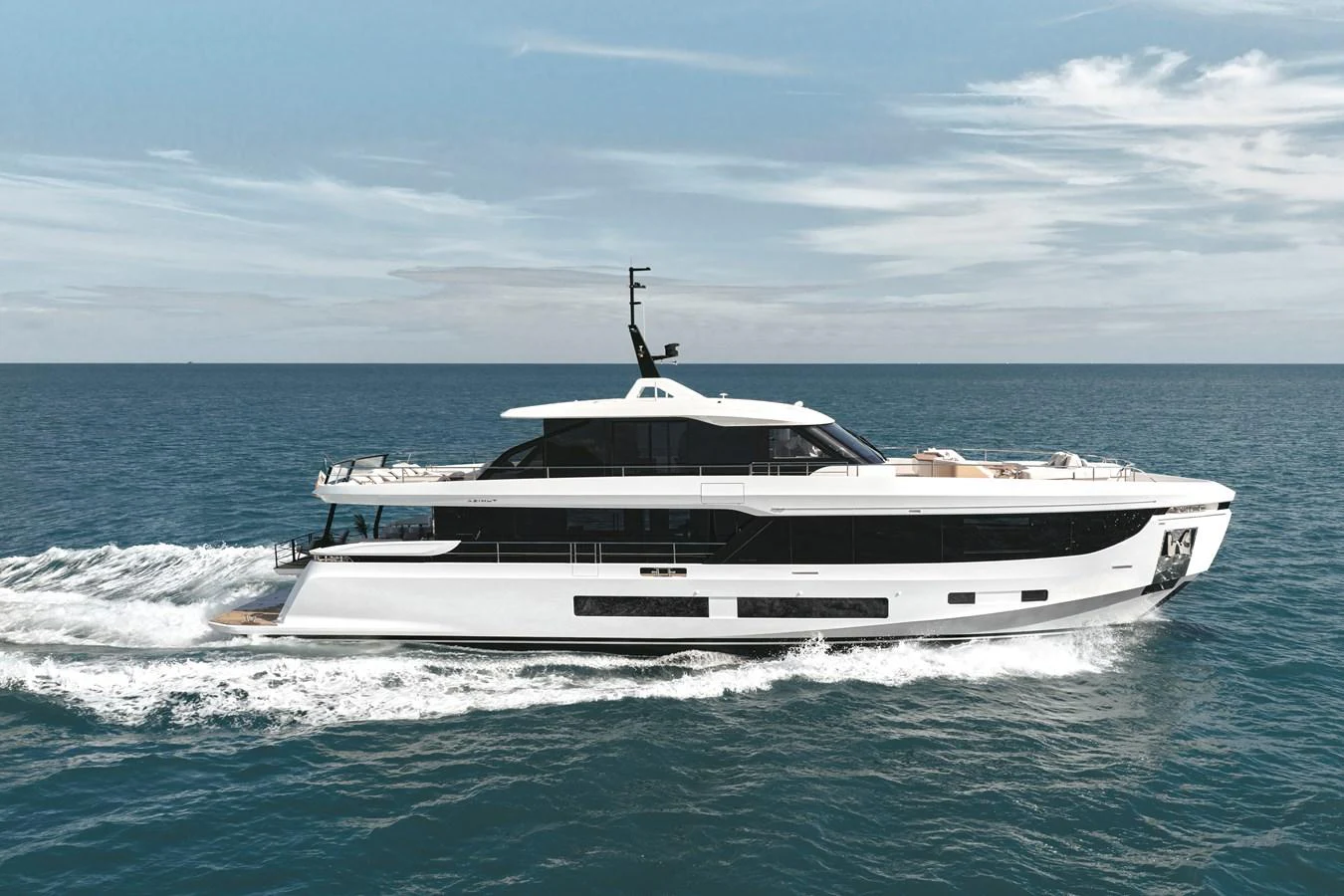 A sleek and modern yacht glides effortlessly across the open sea. aboard AZIMUT GRANDE 30M NEW Yacht for Sale
