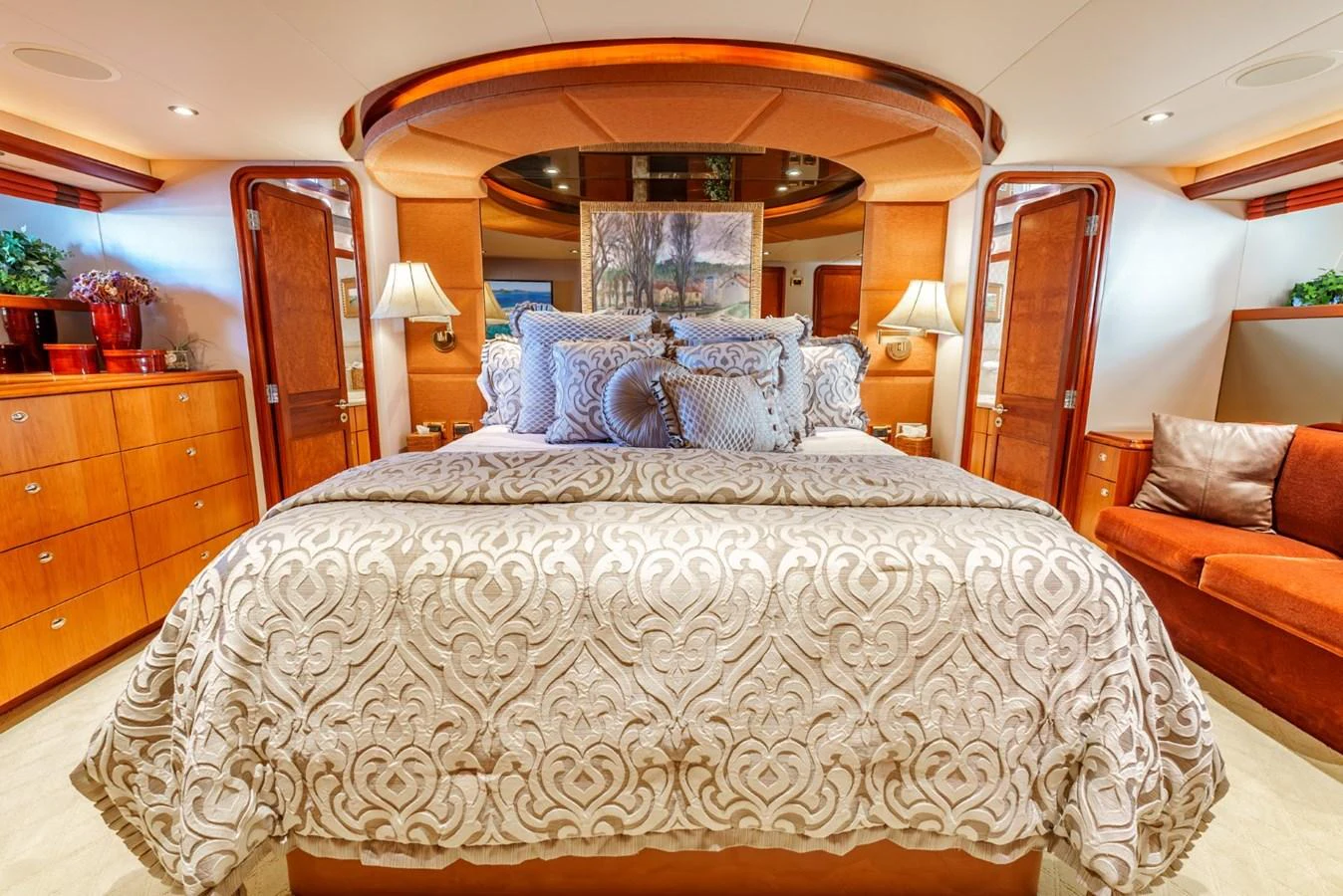 The master stateroom exudes luxury with its plush bedding and elegant decor. aboard SNOWBORED Yacht for Sale