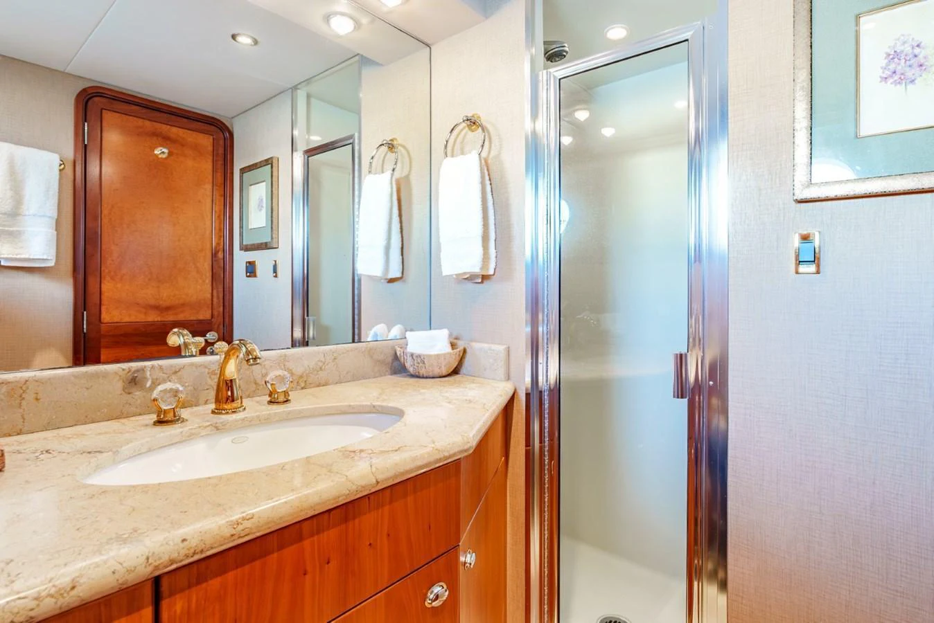 The yacht's bathroom features elegant fixtures and a spacious shower. aboard SNOWBORED Yacht for Sale