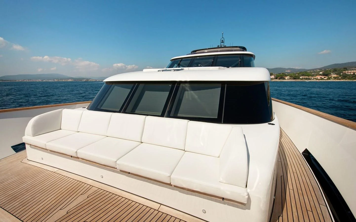 The yacht's foredeck features a spacious seating area with panoramic views. aboard JANGADA Yacht for Sale