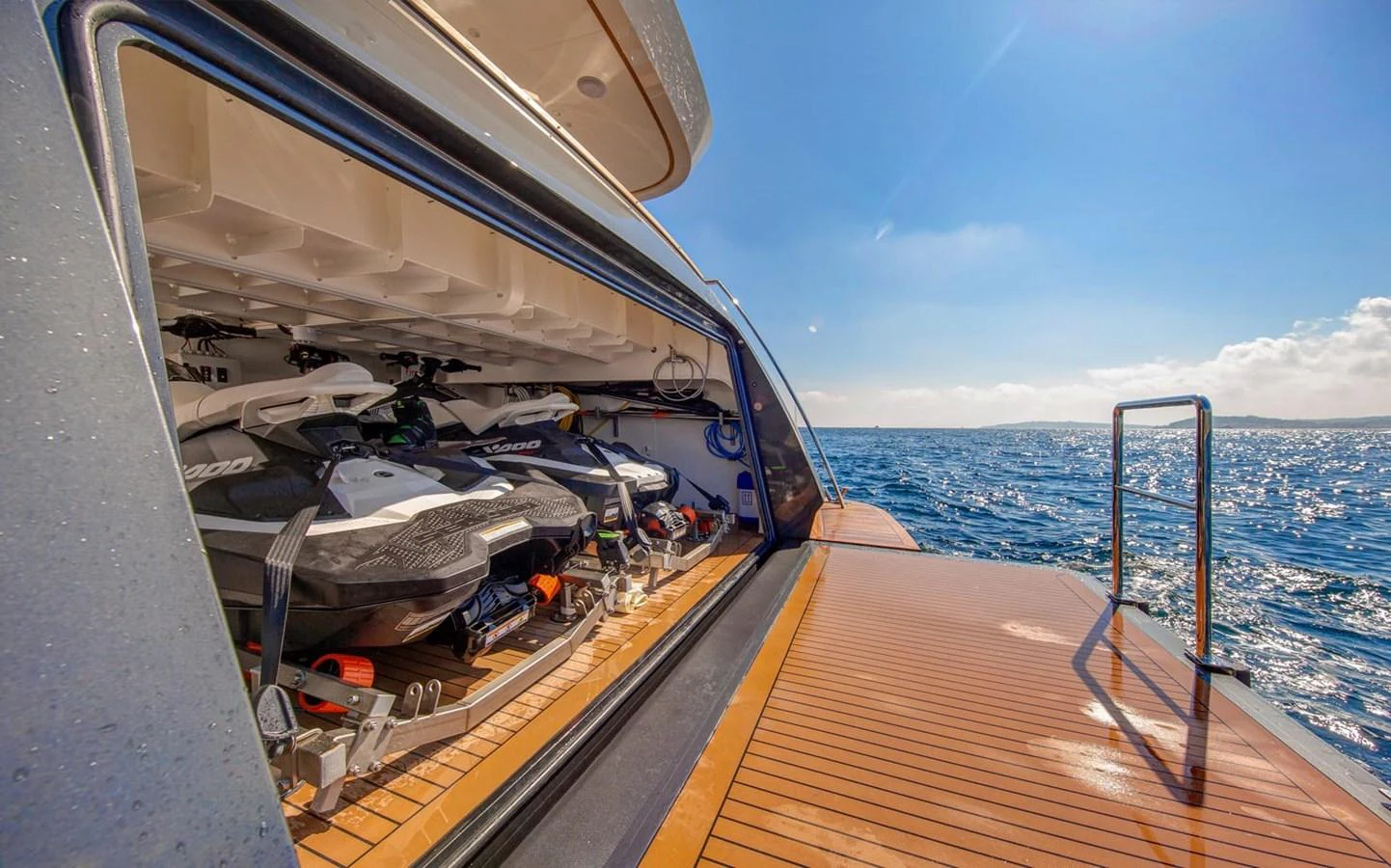 The yacht features a well-equipped toy storage area with jet skis, perfect for adventurous water activities. aboard JANGADA Yacht for Sale