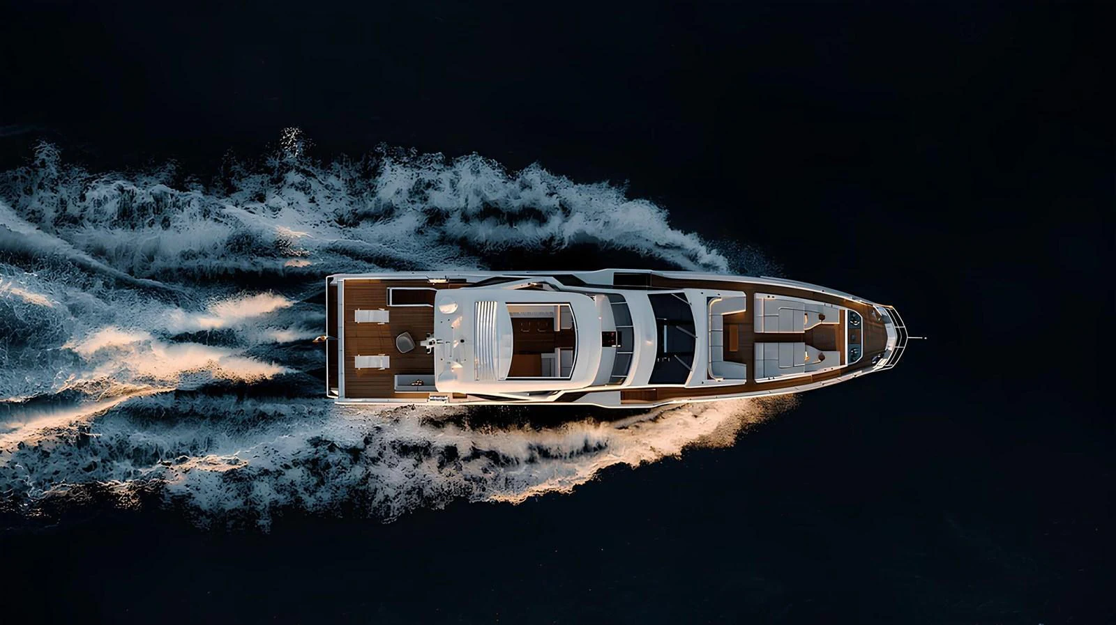 A stunning aerial view of a sleek yacht cruising through the water, leaving a trail of white waves behind. aboard G Yacht for Sale