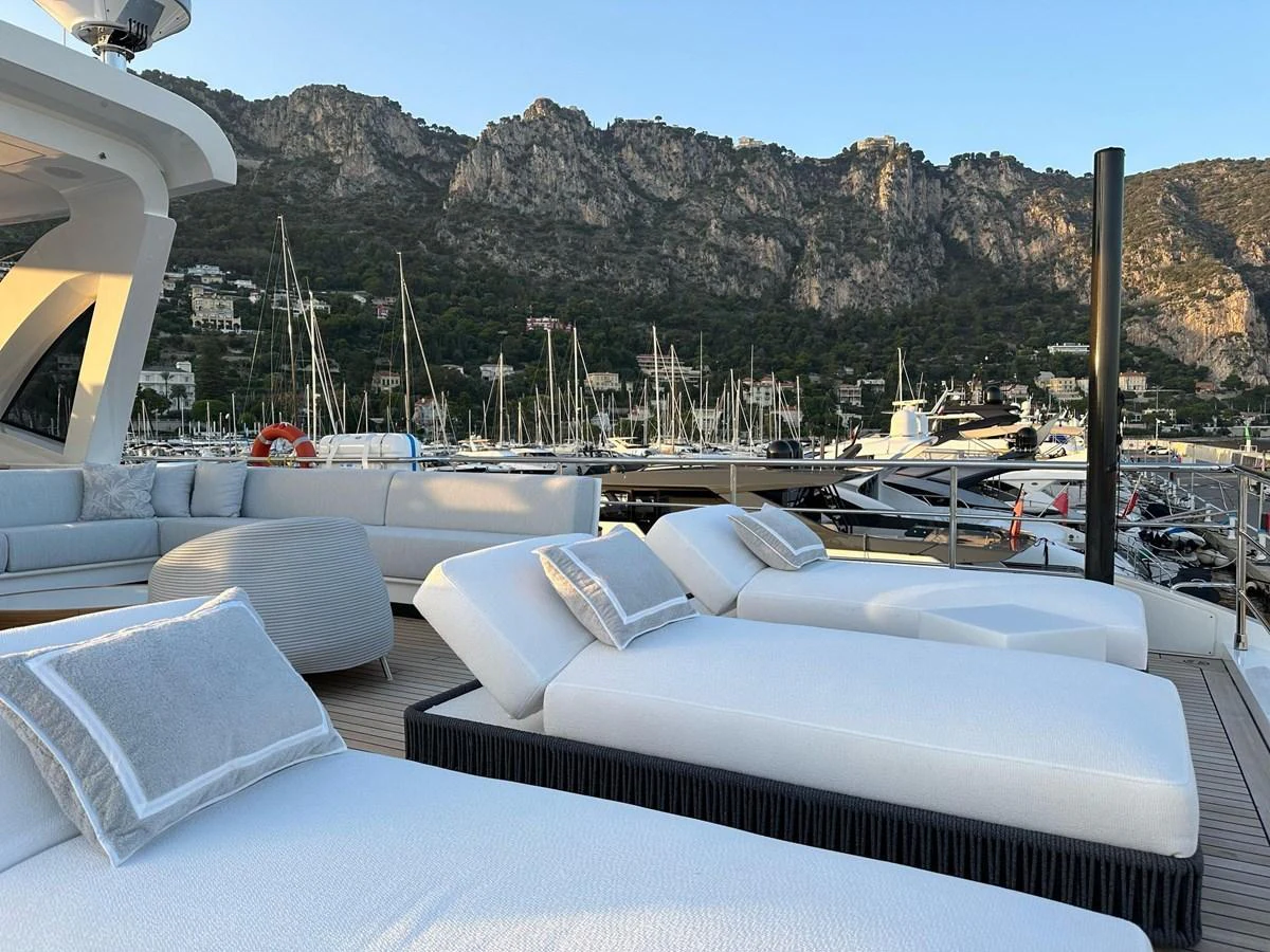 The sundeck offers plush lounge seating with stunning views of the marina and surrounding hills. aboard G Yacht for Sale