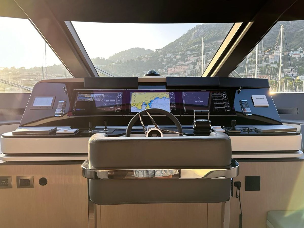 The helm station offers a sophisticated and modern control center with advanced navigation equipment. aboard G Yacht for Sale