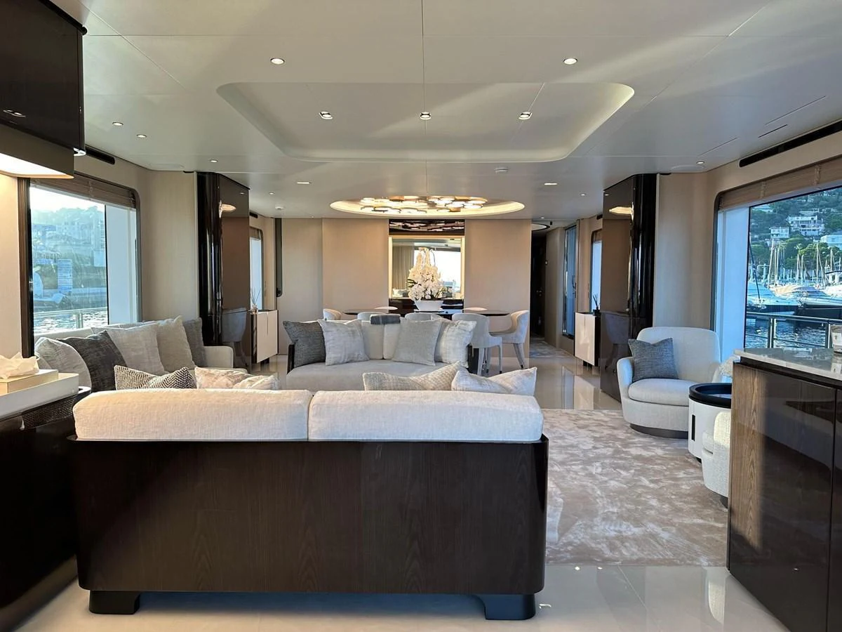 The yacht's salon exudes elegance with its spacious layout, plush seating, and panoramic windows offering stunning views. aboard G Yacht for Sale