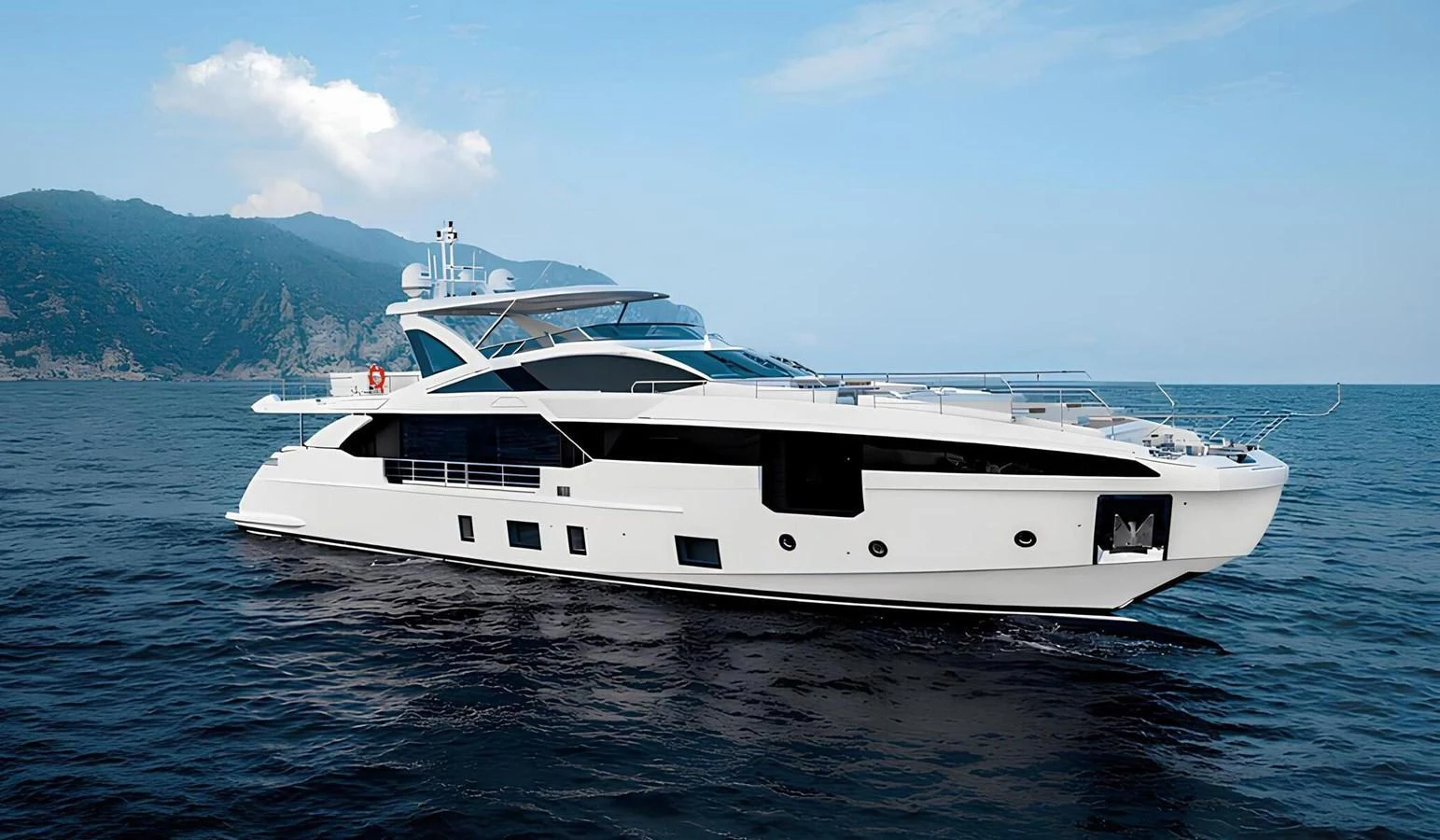 A sleek and modern yacht cruising on calm waters with a scenic mountainous backdrop. aboard G Yacht for Sale