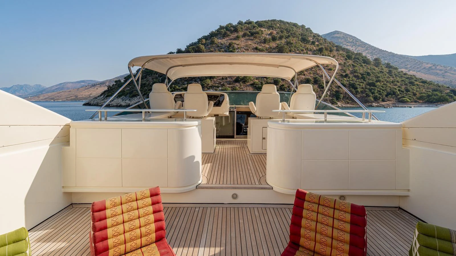 The flybridge offers a spacious and inviting area with comfortable seating and a commanding view of the surrounding waters. aboard LIMION Yacht for Sale