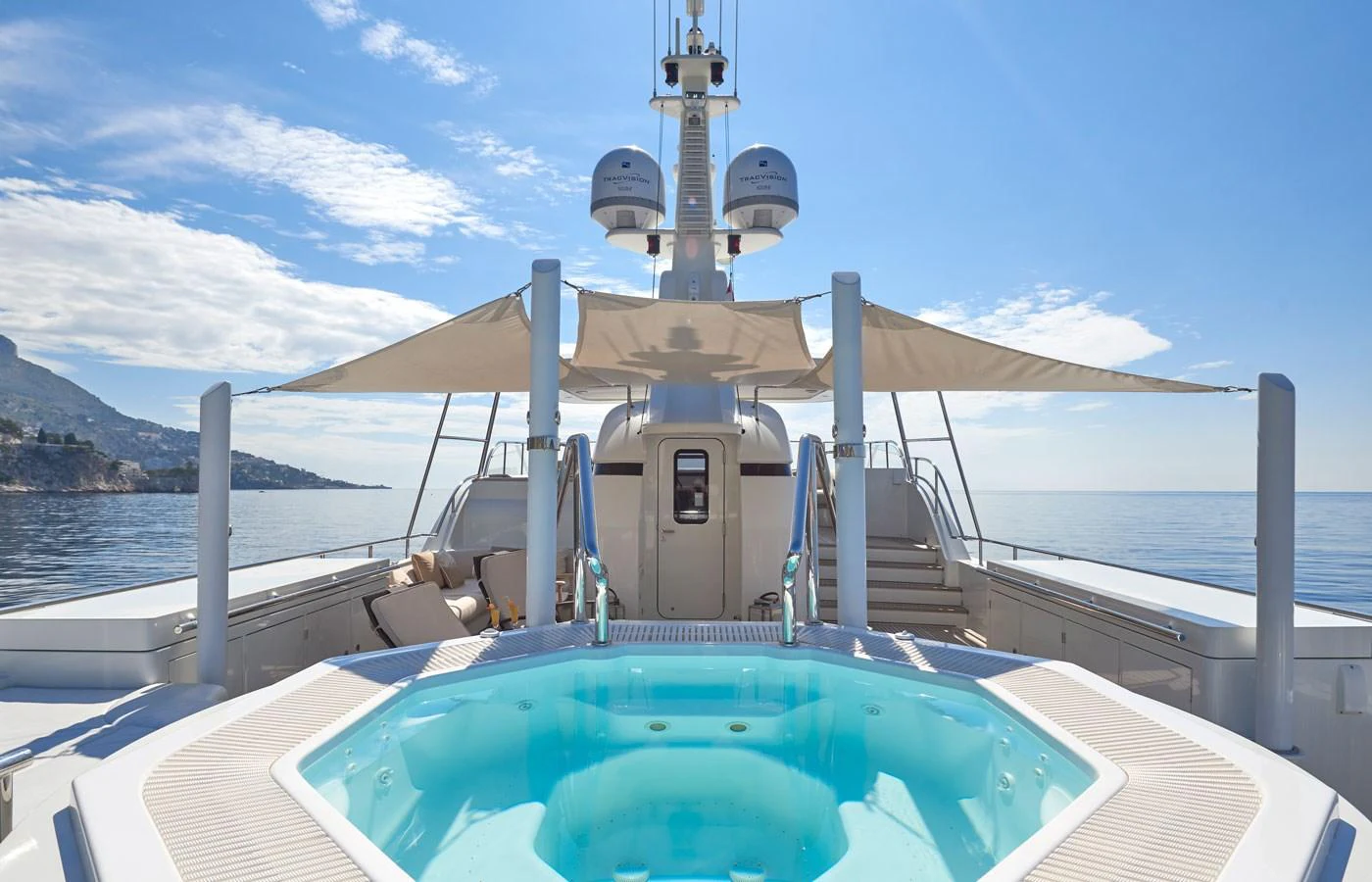The sundeck features a luxurious jacuzzi with panoramic ocean views. aboard GALENA Yacht for Sale