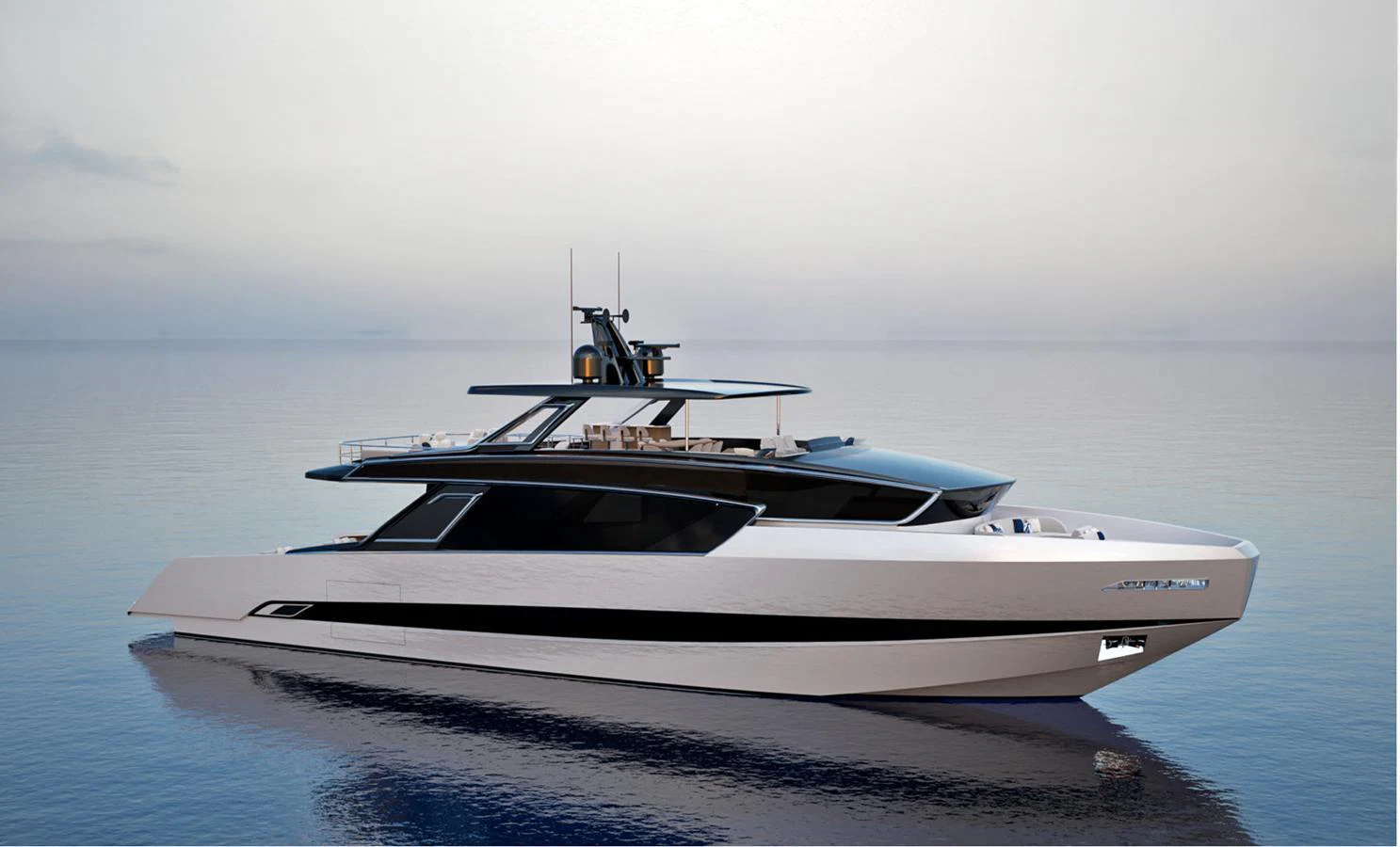 A sleek and modern yacht glides gracefully on calm waters, showcasing its elegant design and luxurious features. aboard VIPER 120 Yacht for Sale