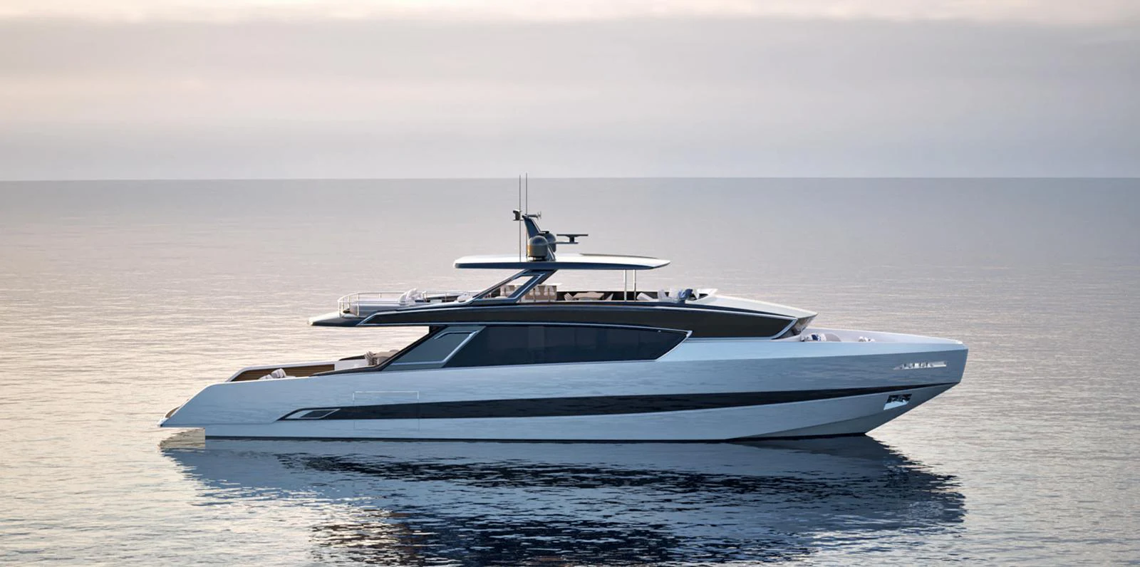 A sleek and modern yacht glides gracefully on calm waters at sunset. aboard VIPER 120 Yacht for Sale