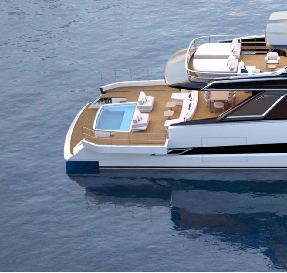 The yacht features a luxurious aft deck with a pool and ample lounging space, perfect for relaxation on the water. aboard VIPER 120 Yacht for Sale