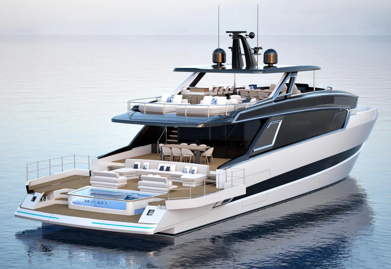A sleek and modern yacht with spacious outdoor lounging areas and a pool on the aft deck. aboard VIPER 120 Yacht for Sale