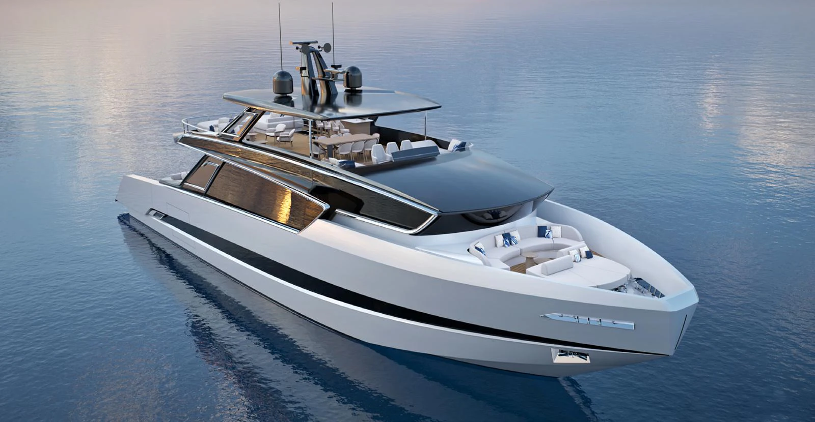 A sleek and modern yacht glides gracefully on calm waters, showcasing its luxurious design and spacious decks. aboard VIPER 120 Yacht for Sale