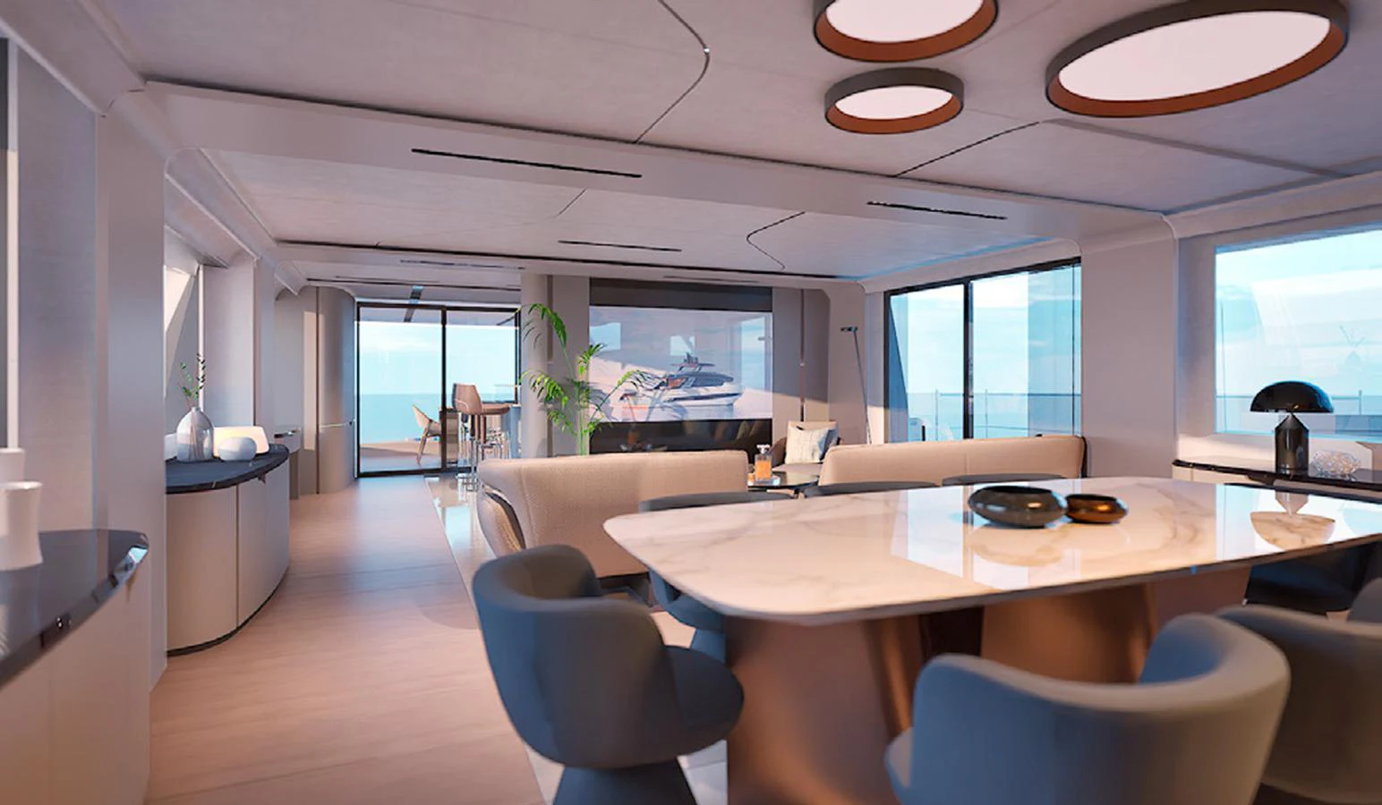 The yacht's dining area features a modern, elegant design with ample natural light and luxurious furnishings. aboard VIPER 120 Yacht for Sale