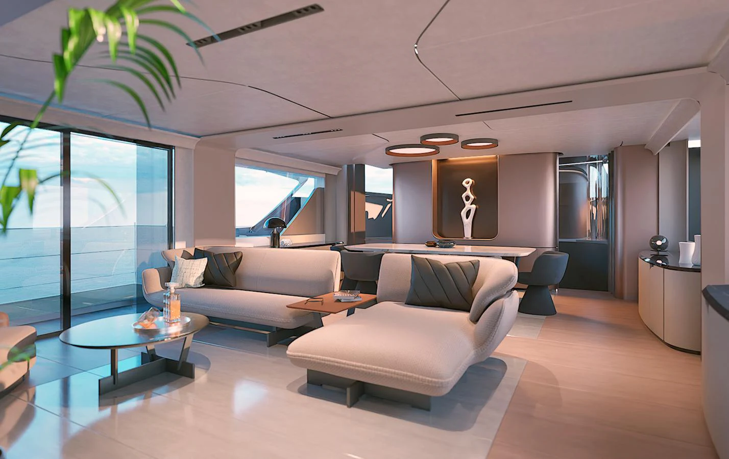 The salon features modern furnishings with ample seating and elegant decor. aboard VIPER 120 Yacht for Sale