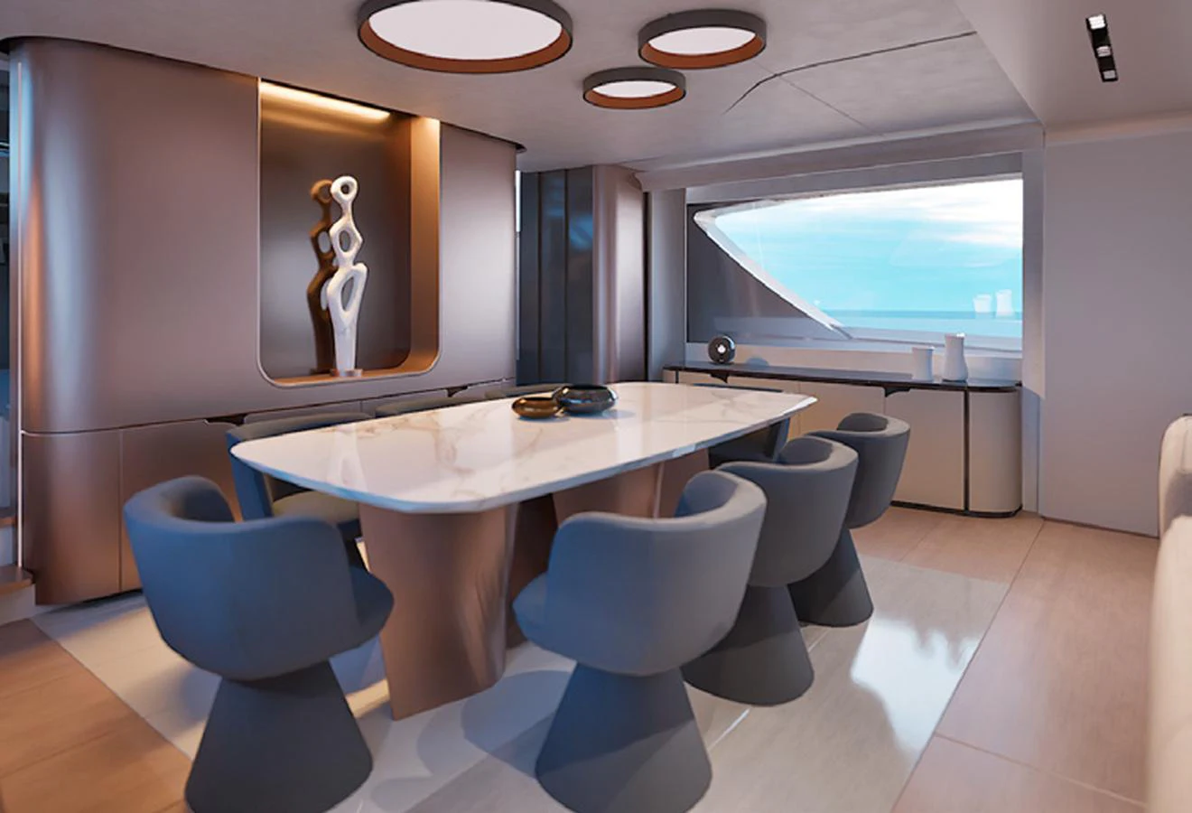 The yacht's dining area features a sleek, modern design with a large table and stylish chairs, complemented by contemporary art and ample natural light. aboard VIPER 120 Yacht for Sale