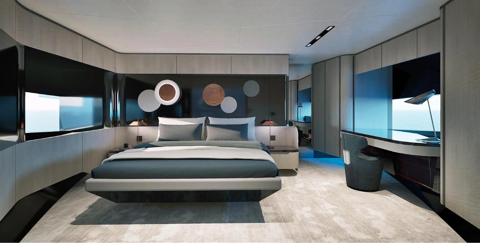 The master stateroom exudes modern elegance with its sleek design and luxurious furnishings. aboard VIPER 120 Yacht for Sale