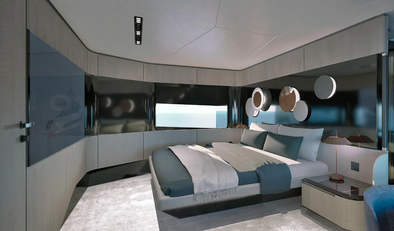 The master stateroom features a luxurious bed with modern decor and ample natural light. aboard VIPER 120 Yacht for Sale