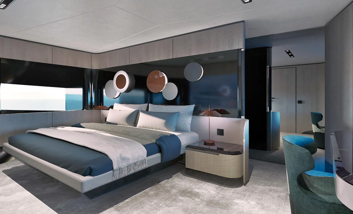 The master stateroom features a luxurious bed with modern decor and ample natural light. aboard VIPER 120 Yacht for Sale