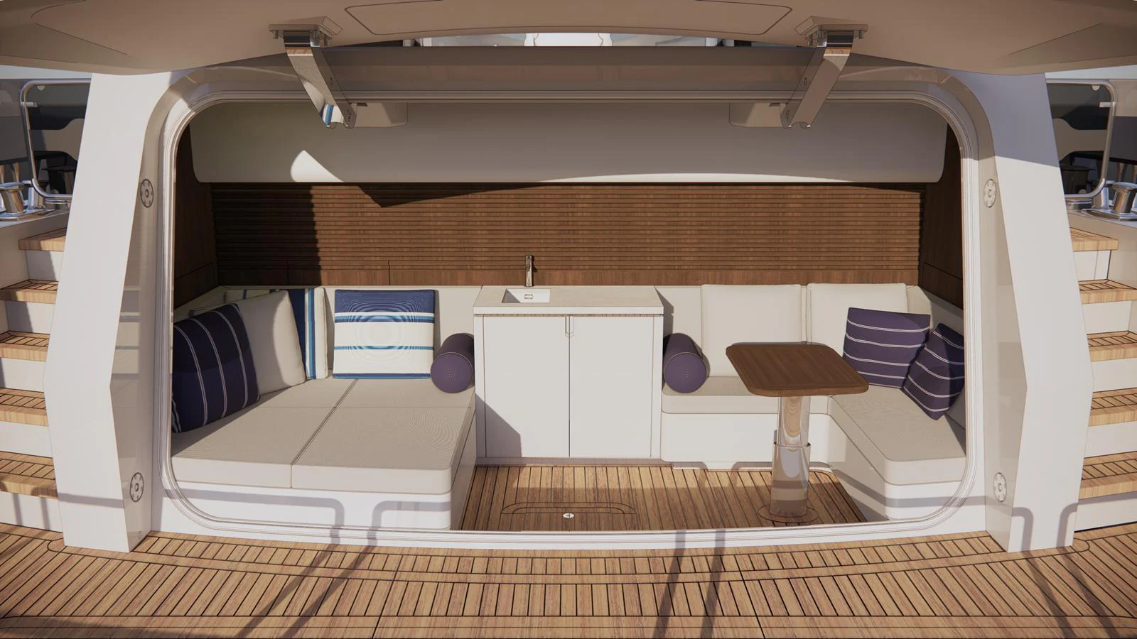 The yacht's salon features comfortable seating with plush cushions and a small table, creating an inviting space for relaxation. aboard LAZZARA UHV 90 Yacht for Sale