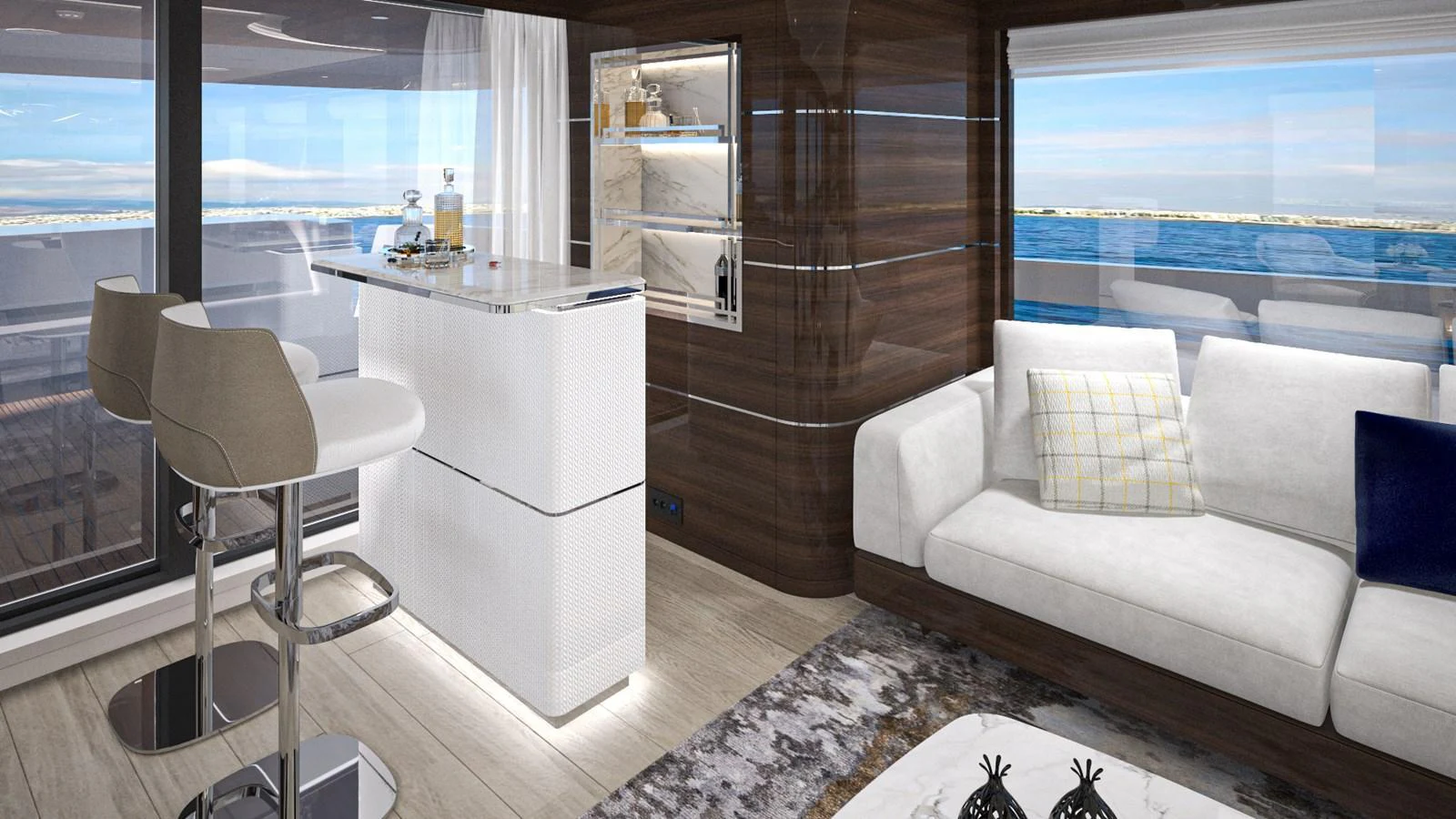 The salon features a modern bar area with stylish seating and a comfortable sofa, offering a luxurious space to relax and entertain. aboard LAZZARA UHV 90 Yacht for Sale