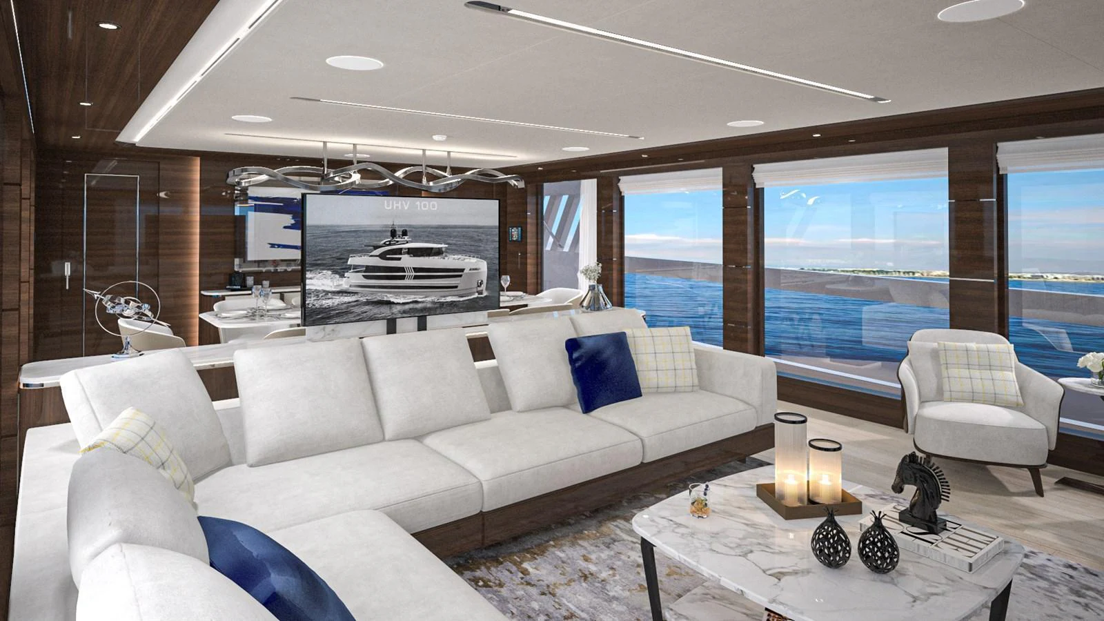 The salon offers a luxurious and spacious seating area with panoramic ocean views. aboard LAZZARA UHV 90 Yacht for Sale