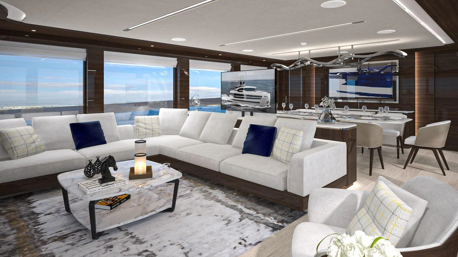 The salon features luxurious seating with panoramic ocean views and elegant decor. aboard LAZZARA UHV 90 Yacht for Sale