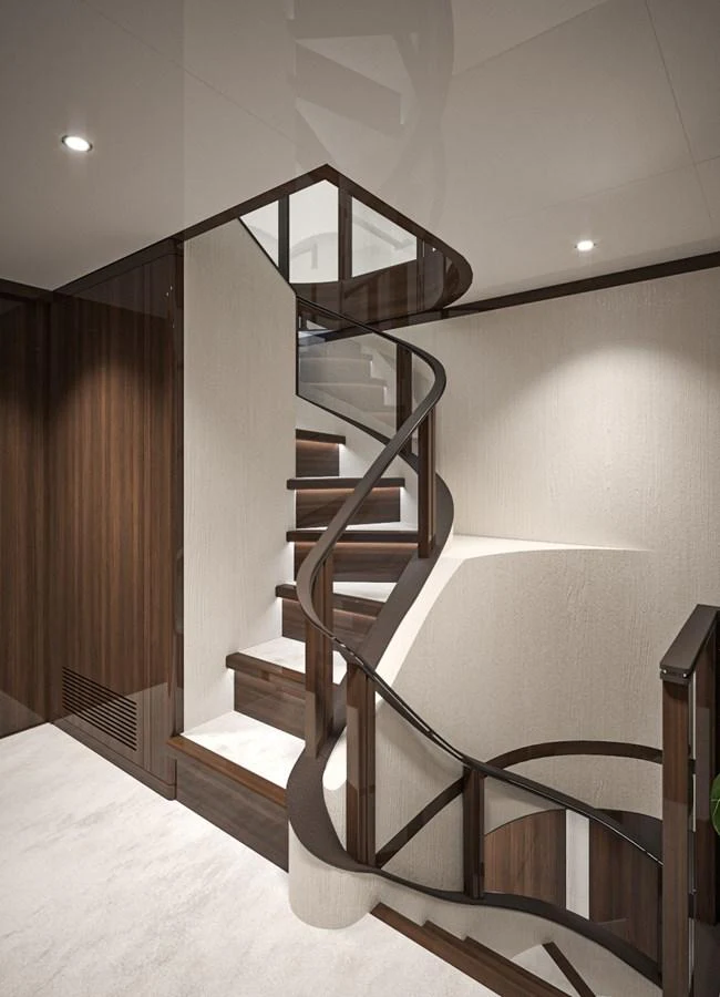 A beautifully designed spiral staircase with wooden accents and modern lighting. aboard LAZZARA UHV 90 Yacht for Sale