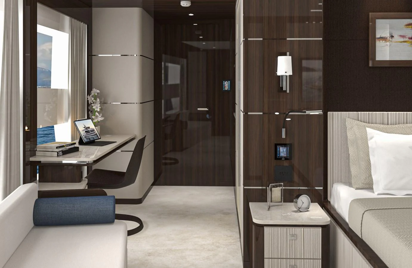 The stateroom features a sleek, modern design with luxurious furnishings and ample natural light. aboard LAZZARA UHV 90 Yacht for Sale