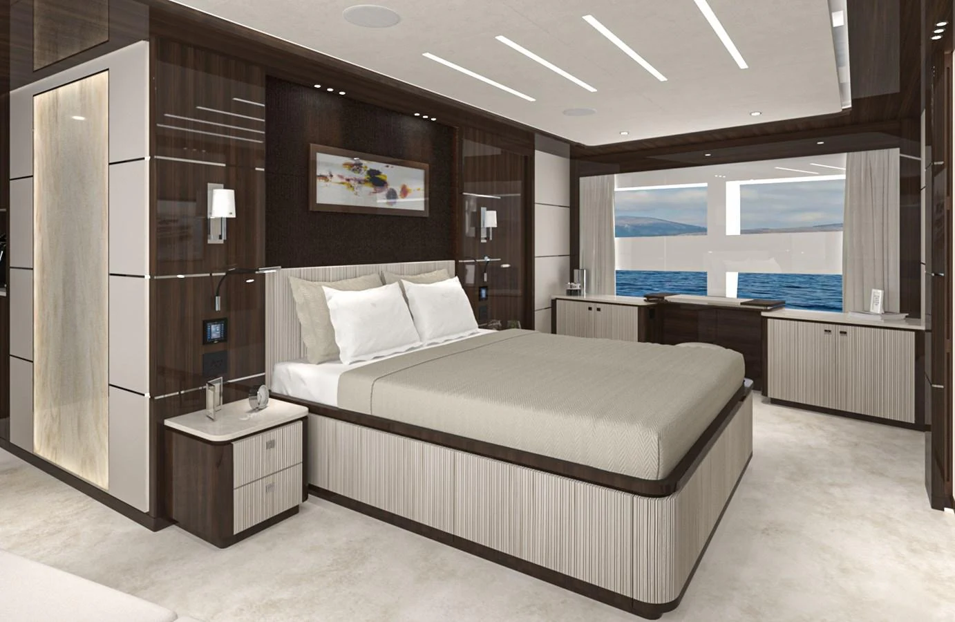 The master stateroom offers a luxurious and spacious retreat with elegant furnishings and a stunning sea view. aboard LAZZARA UHV 90 Yacht for Sale