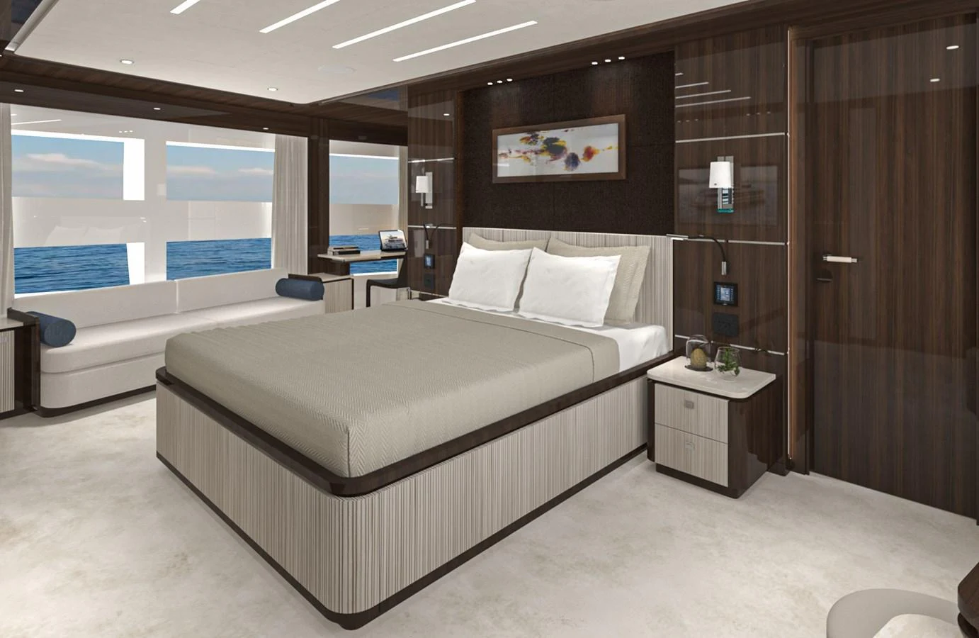 The master stateroom features a luxurious bed with elegant wood finishes and large windows offering stunning ocean views. aboard LAZZARA UHV 90 Yacht for Sale
