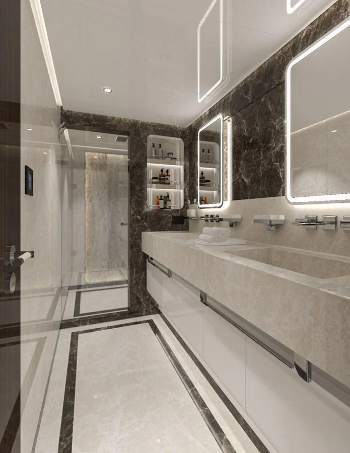 The yacht's bathroom features a luxurious design with marble accents and modern fixtures. aboard LAZZARA UHV 90 Yacht for Sale
