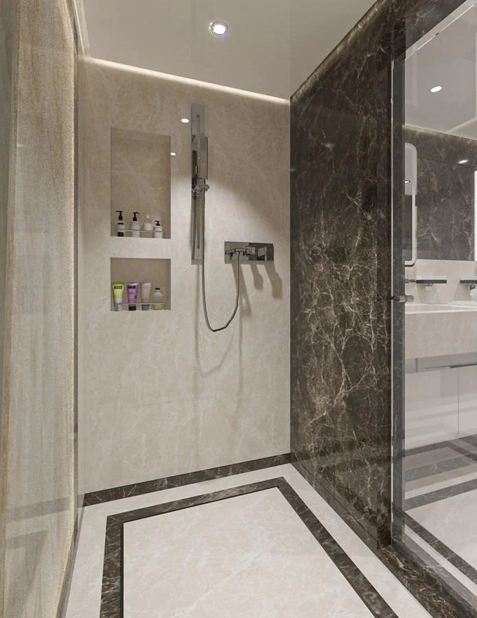 The yacht's bathroom features a luxurious shower area with elegant marble finishes. aboard LAZZARA UHV 90 Yacht for Sale