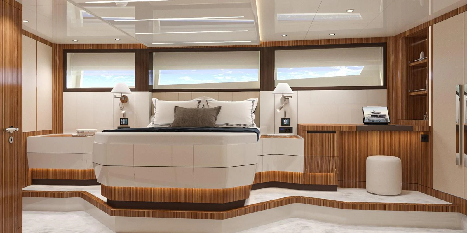 The master stateroom features a luxurious bed, elegant wood paneling, and ample natural light. aboard LAZZARA UHV 90 Yacht for Sale