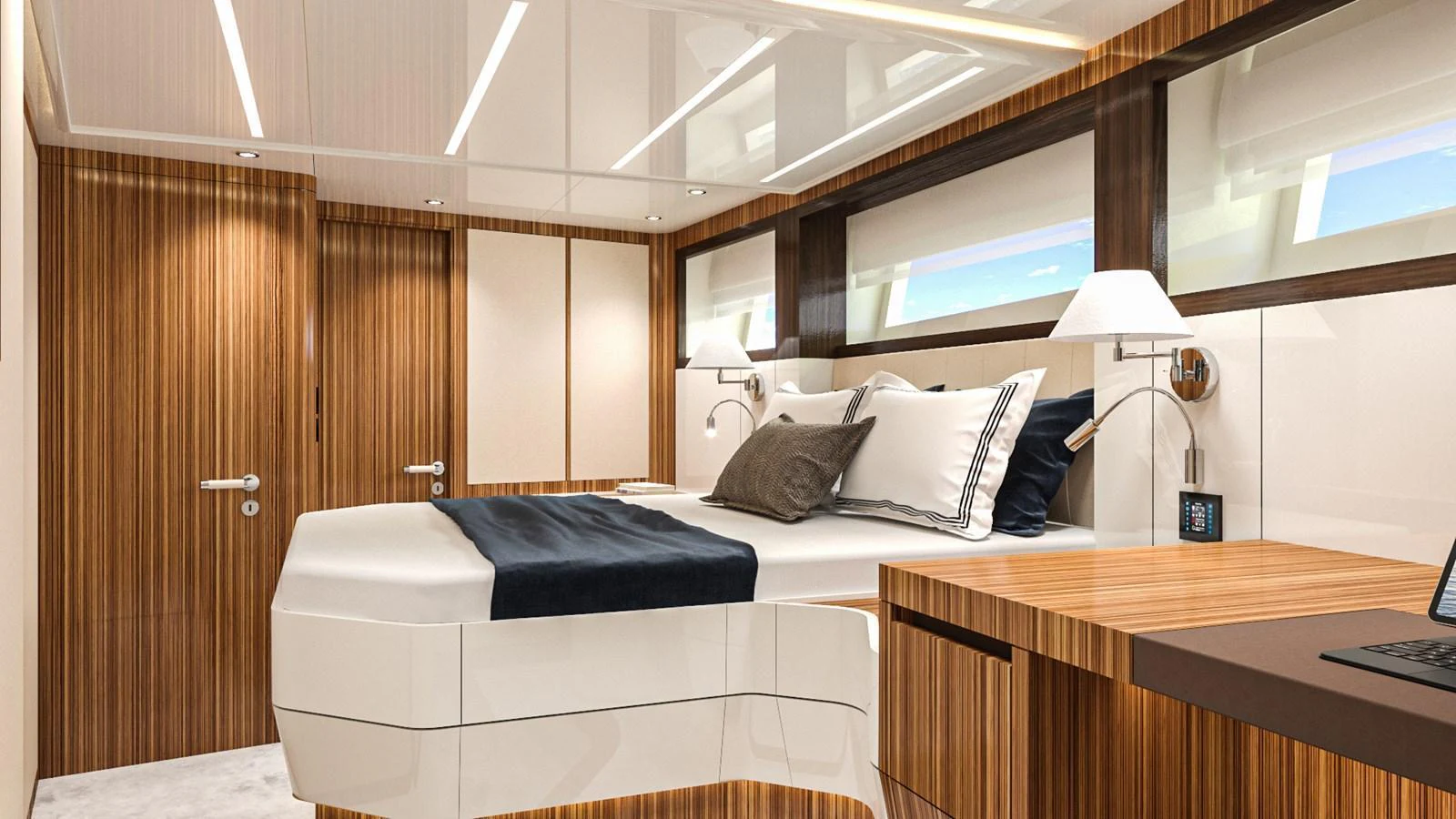 A luxurious stateroom featuring elegant wood paneling and modern lighting. aboard LAZZARA UHV 90 Yacht for Sale