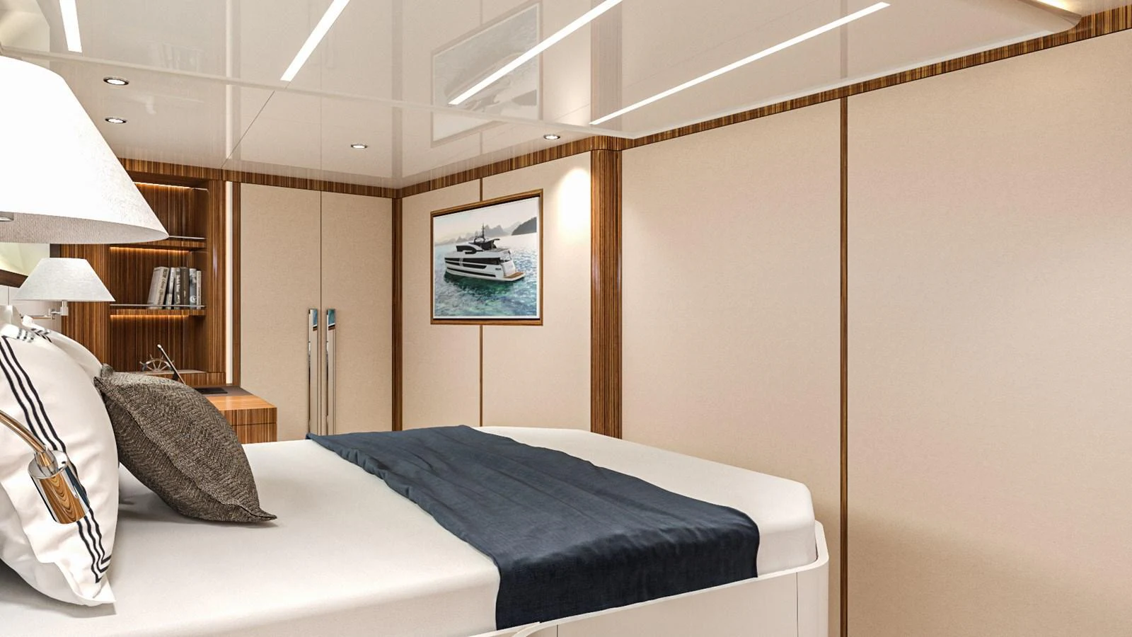 The stateroom offers a serene and luxurious retreat with elegant decor and plush bedding. aboard LAZZARA UHV 90 Yacht for Sale