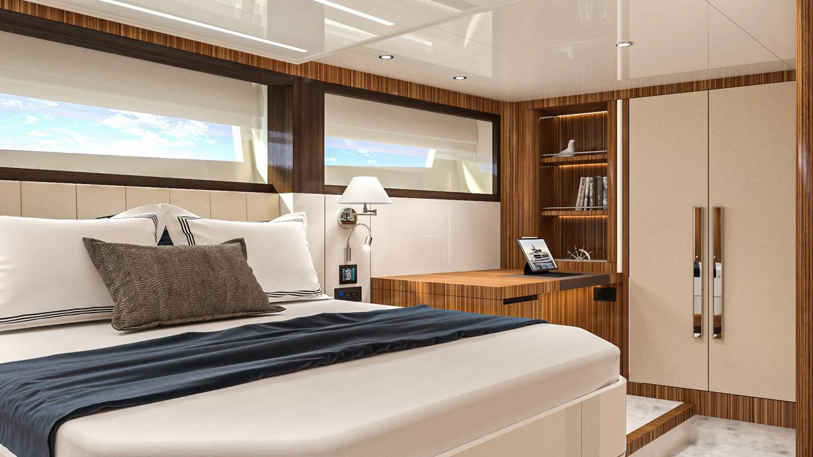 The stateroom features a luxurious bed, elegant wood finishes, and ample natural light. aboard LAZZARA UHV 90 Yacht for Sale