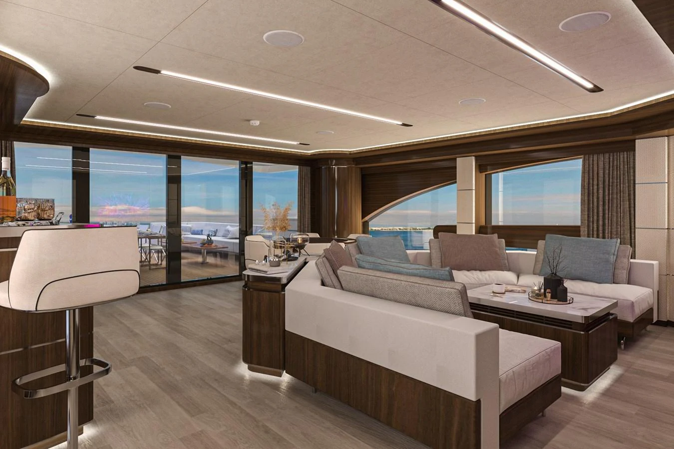 The salon features modern furnishings with panoramic views through large windows. aboard LAZZARA UHV 90 Yacht for Sale