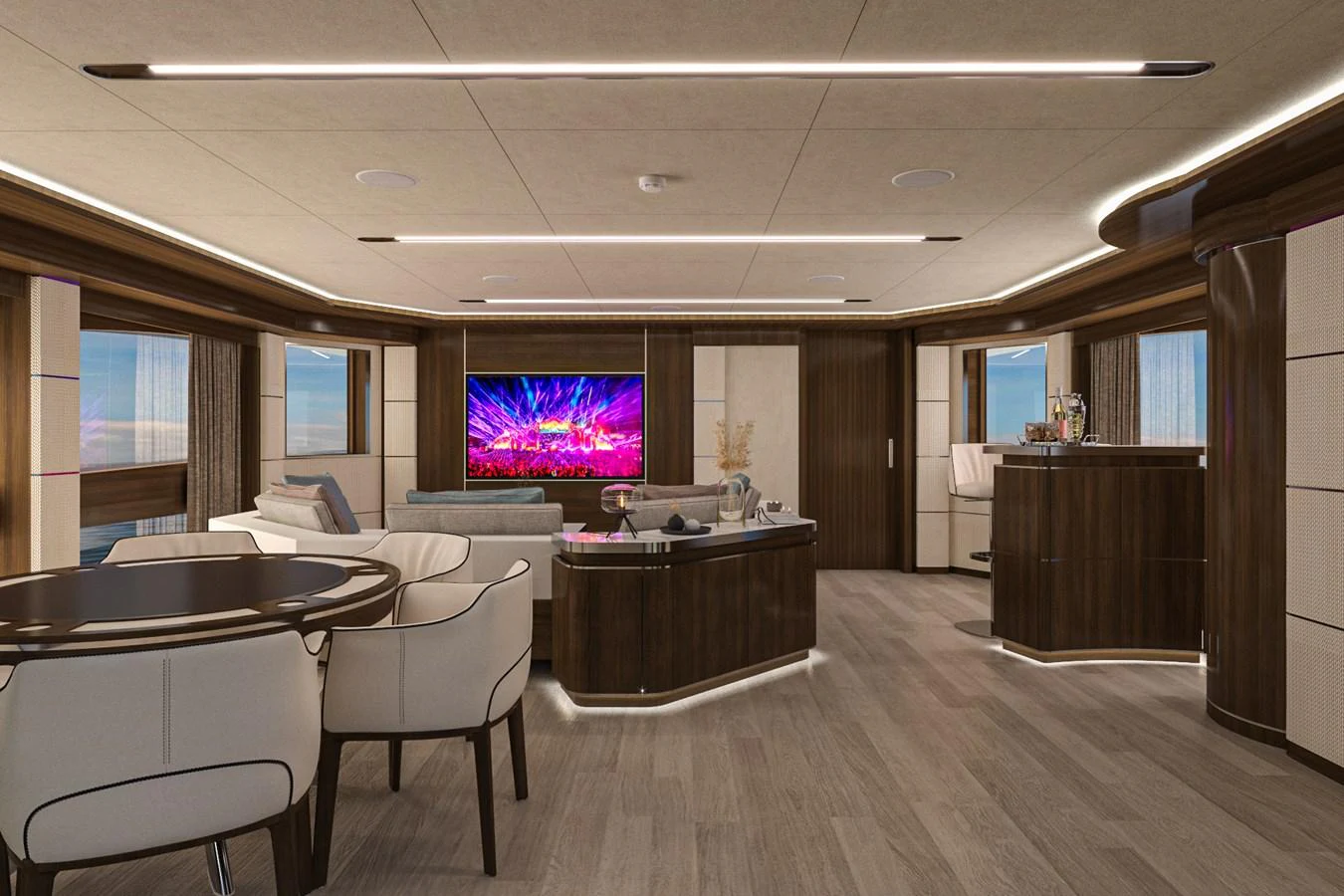 The yacht's salon features luxurious seating, a large flat-screen TV, and elegant wood finishes. aboard LAZZARA UHV 90 Yacht for Sale