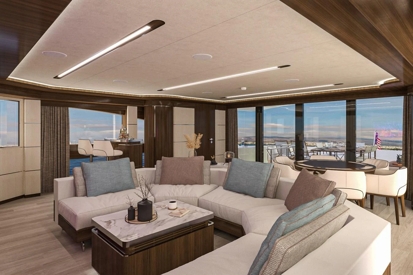The spacious salon features elegant seating and panoramic windows offering stunning views. aboard LAZZARA UHV 90 Yacht for Sale