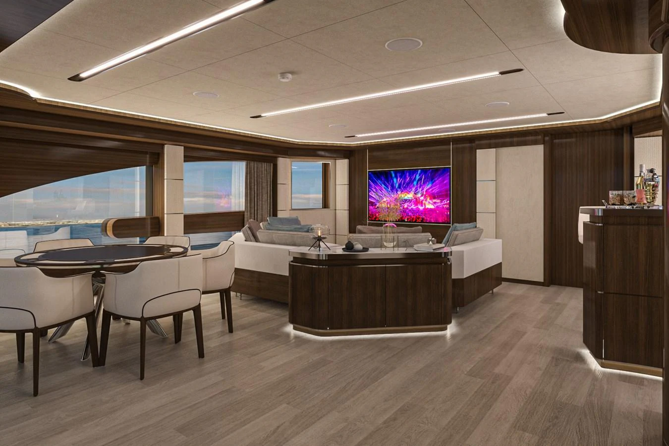 The salon features elegant seating, a dining area, and a large TV, all with a modern design. aboard LAZZARA UHV 90 Yacht for Sale