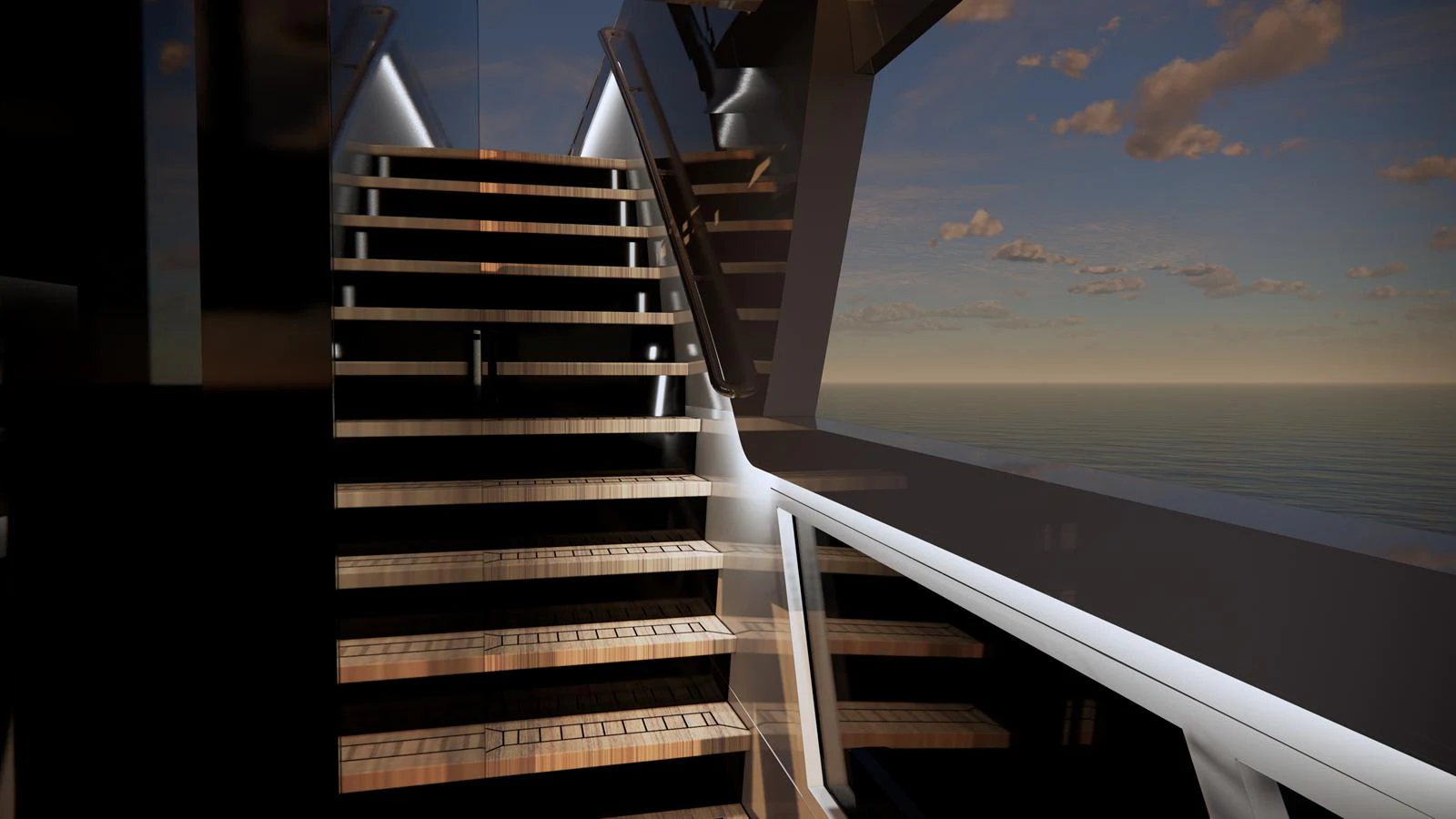 A beautifully lit staircase with wooden steps and sleek railings, leading to an upper deck with a view of the horizon. aboard LAZZARA UHV 90 Yacht for Sale