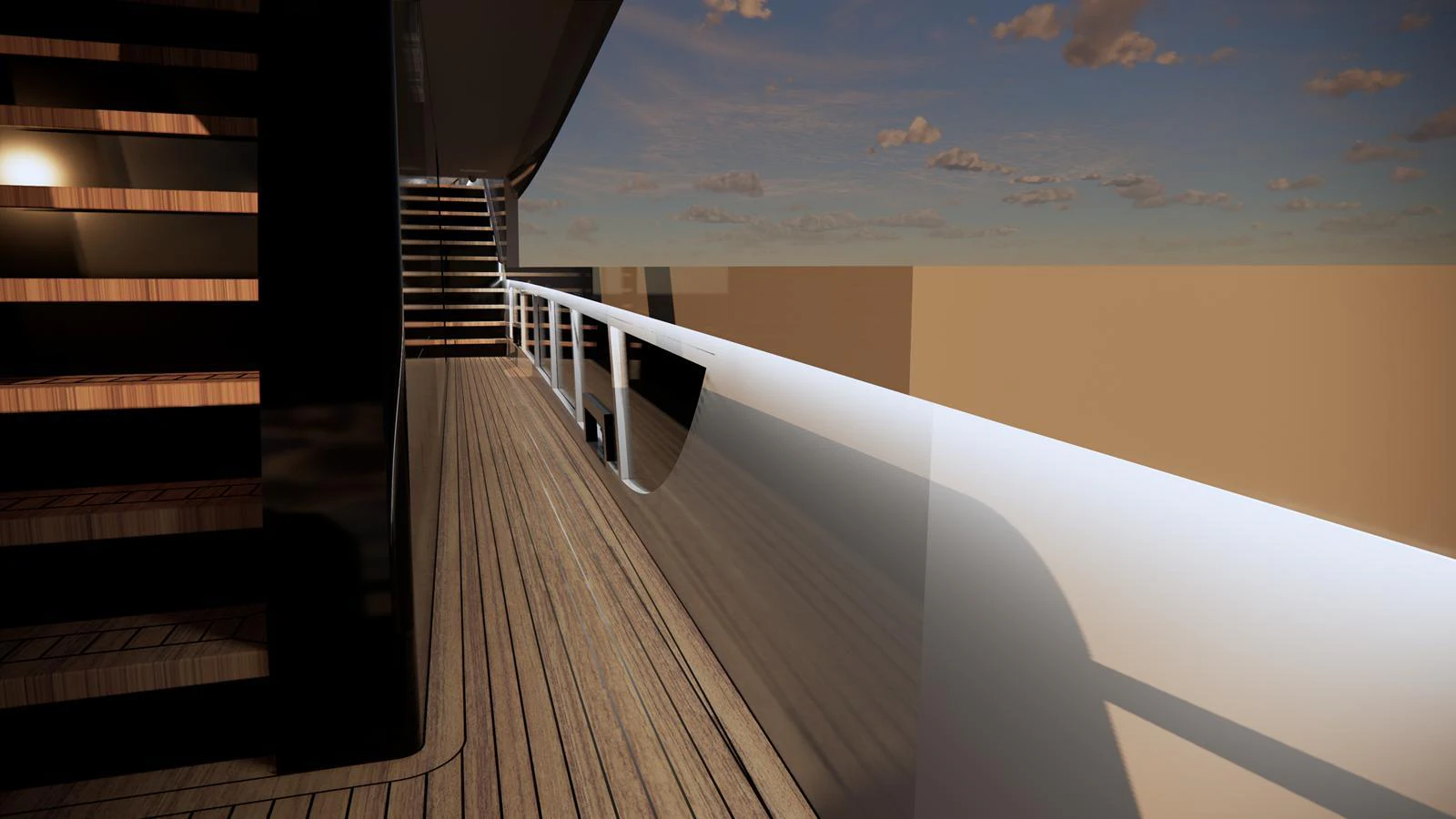 The side deck offers a serene walkway with a view of the horizon. aboard LAZZARA UHV 90 Yacht for Sale