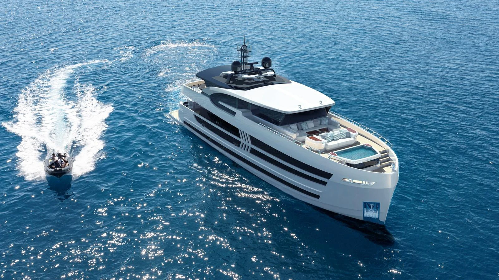A sleek, modern yacht cruising on the open water with a tender trailing behind. aboard LAZZARA UHV 90 Yacht for Sale