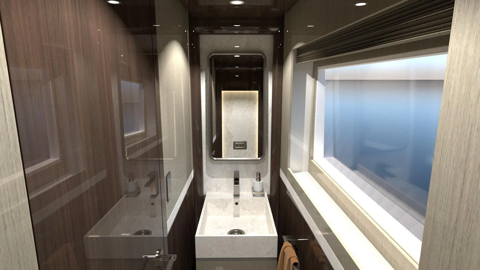 A sleek and modern yacht bathroom with a large window and elegant fixtures. aboard LAZZARA UHV 90 Yacht for Sale