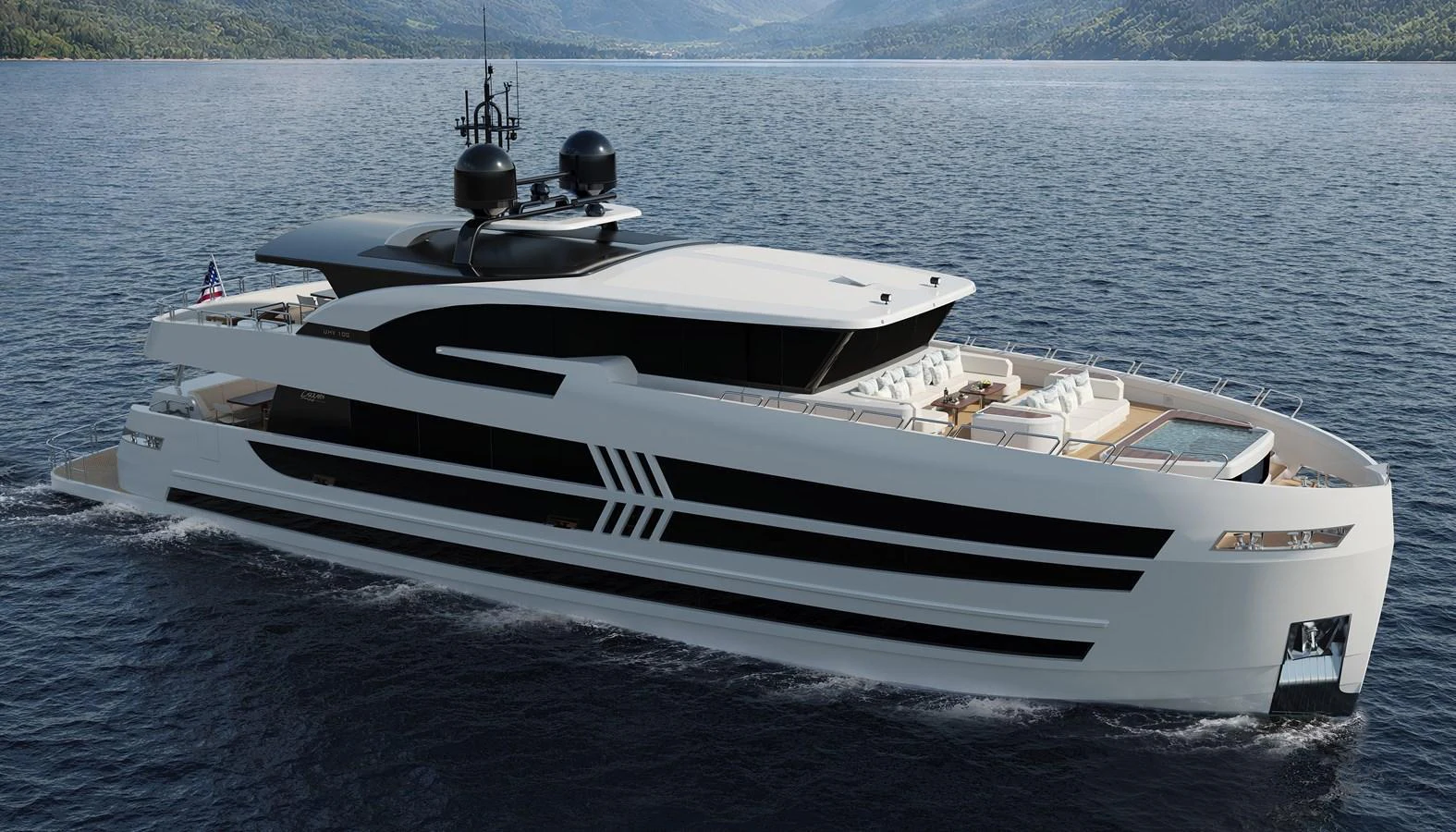 A sleek and modern yacht glides gracefully on the water with a stunning backdrop of lush hills. aboard LAZZARA UHV 90 Yacht for Sale